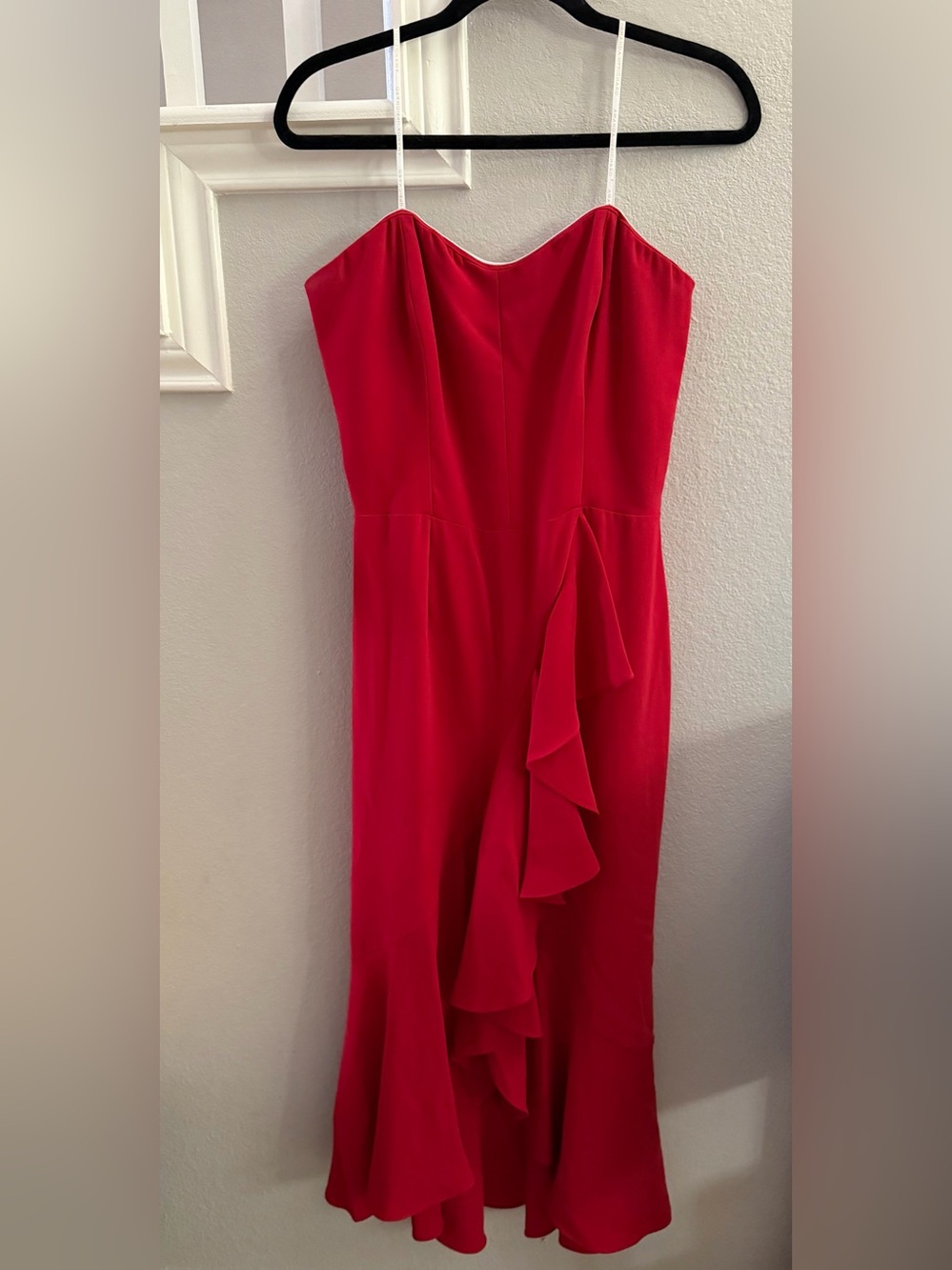 Amanda Uprichard Strapless Red Ruffle Midi Dress